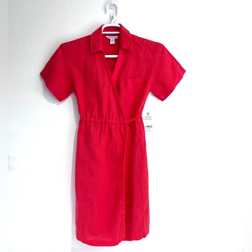 Athleta Vibrant Red Short Sleeve Playa Wrap Dress 100% Linen Women’s 16